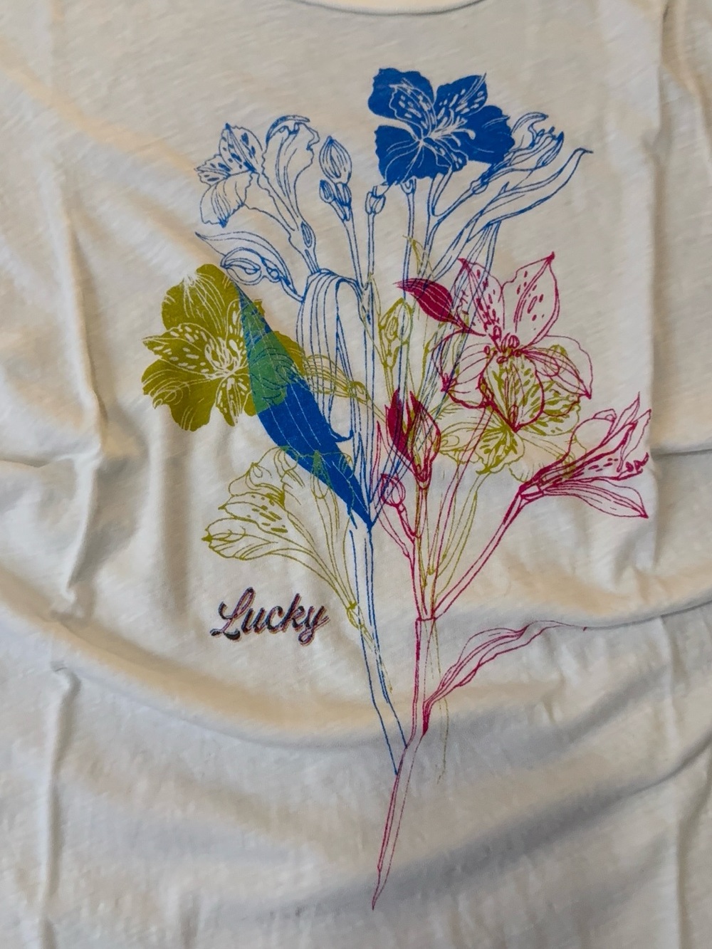 Lucky Brand White Short Sleeve Tee with Blue, Green & Pink Floral Print
